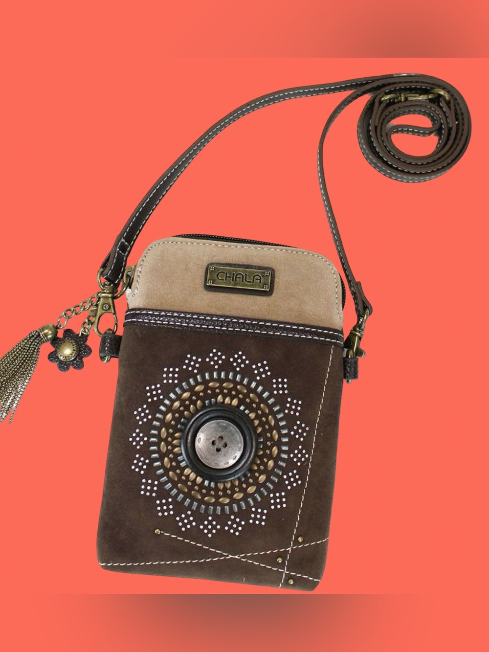 Chala Brown and Tan Studded Suede Crossbody Phone Pouch